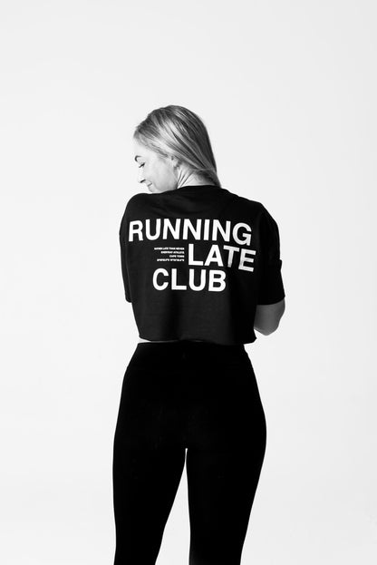 natural fibres, running shirt, running clothes for women, gym clothes for woman, black crop top, running crop top, activewear, running late club, RLC, boxy fit, made locally, breathable material